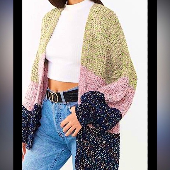 ☃️BOGO50%☃️🆕🩷HYFVE: SAGE/MAUVE/NAVY Color Block Chunky Knit Cardigan SM MED - Picture 1 of 4